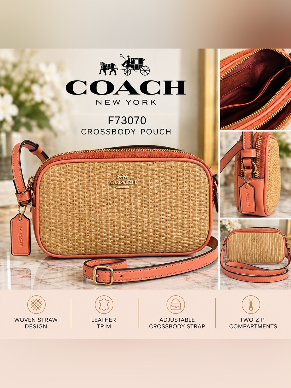 Coach F73070 Crossbody Pouch Natural Light Coral Straw